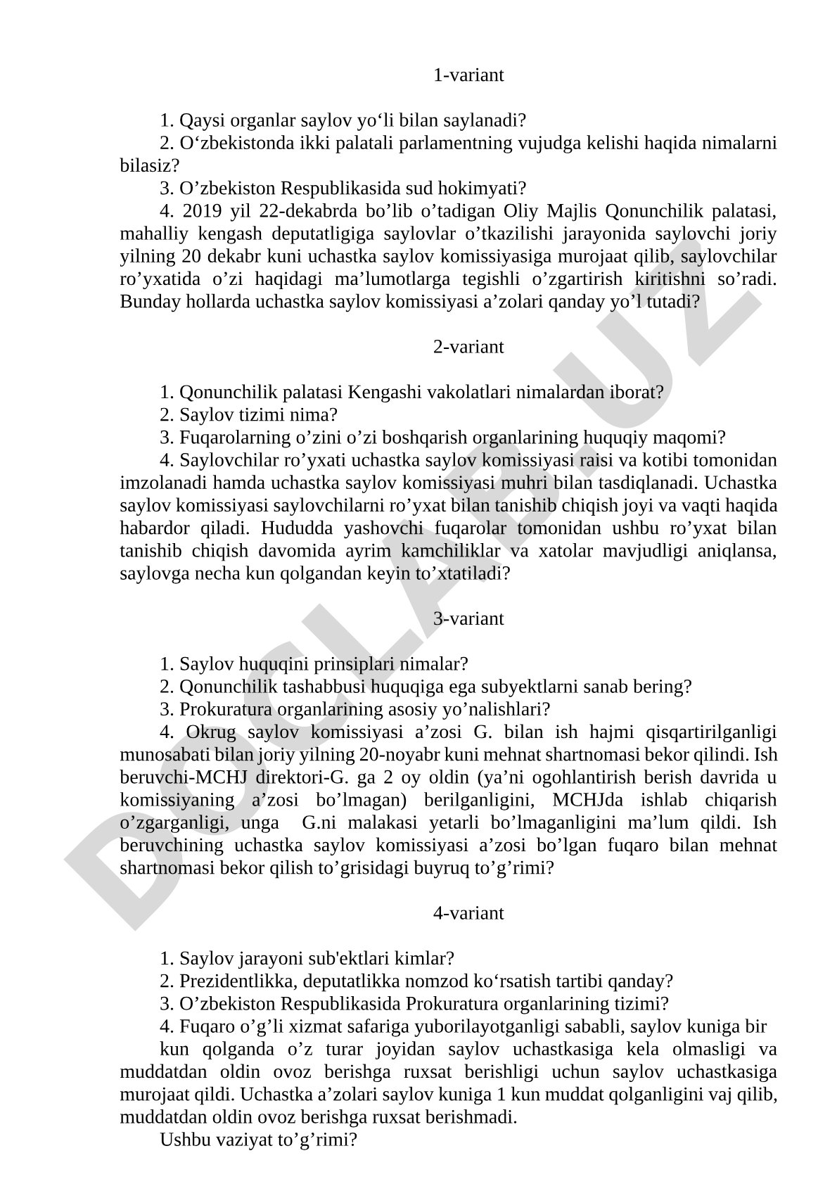 O‘zbekiston saylov tizimi va davlat organlari bo‘yicha test savollari