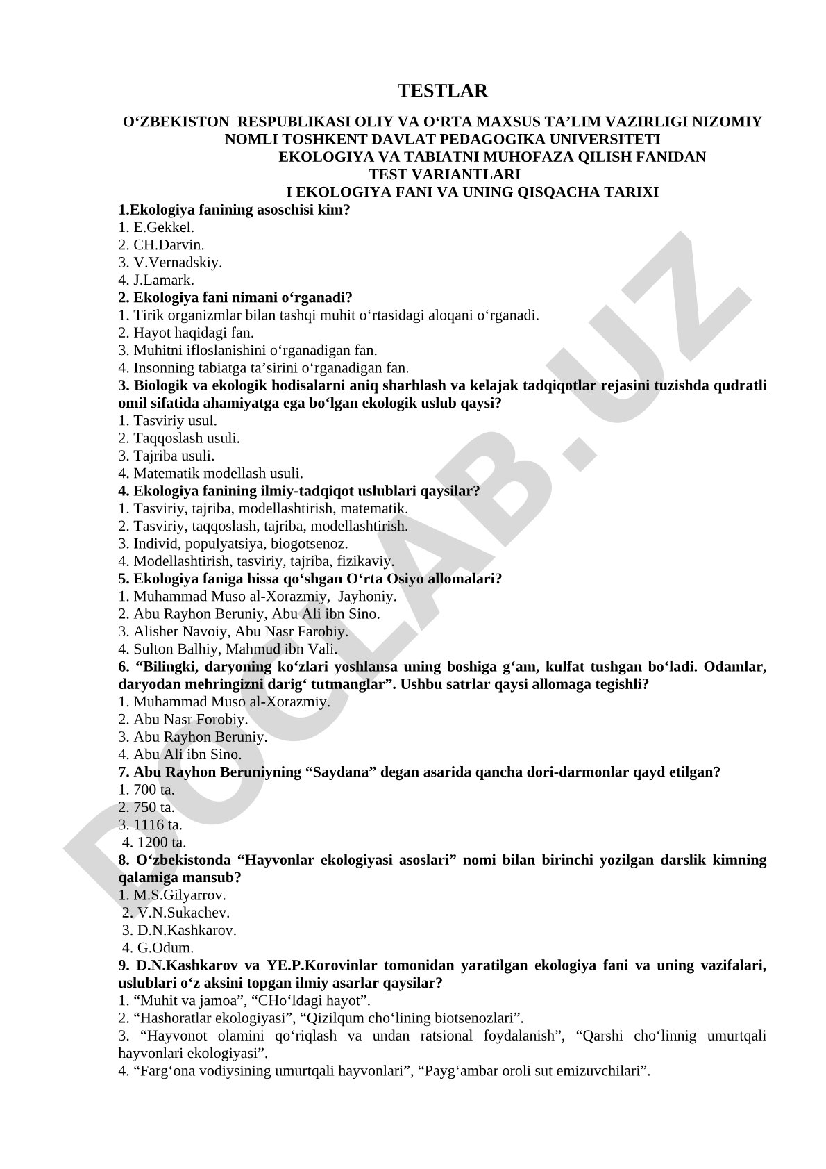 Ekologiya va tabiatni muhofaza qilish fanidan testlar