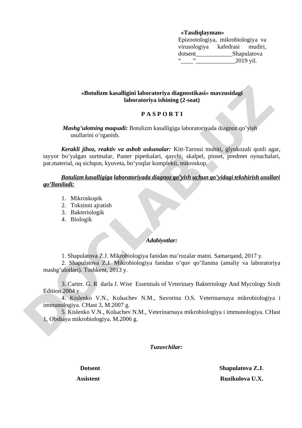 Botulizm kasalligini laboratoriya diagnostikasi