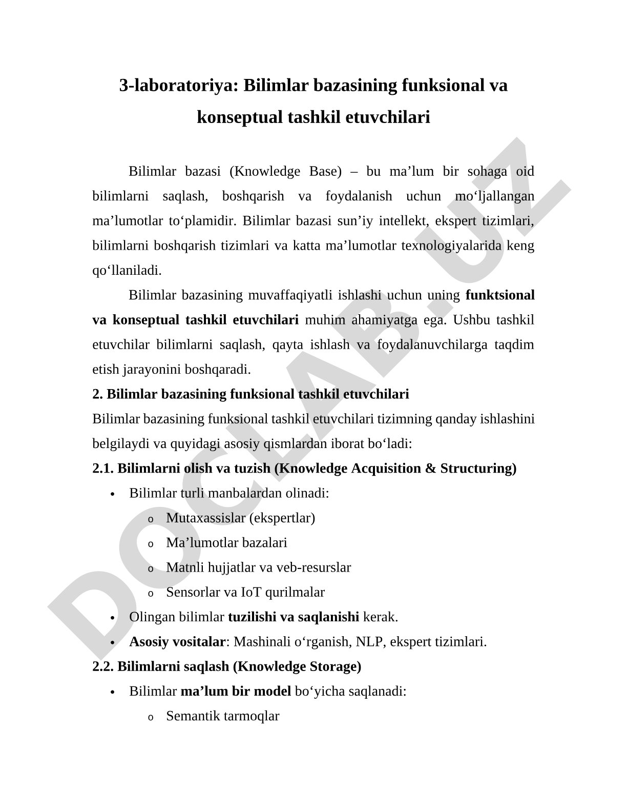 Bilimlar bazasining funksional va konseptual tashkil etuvchilari