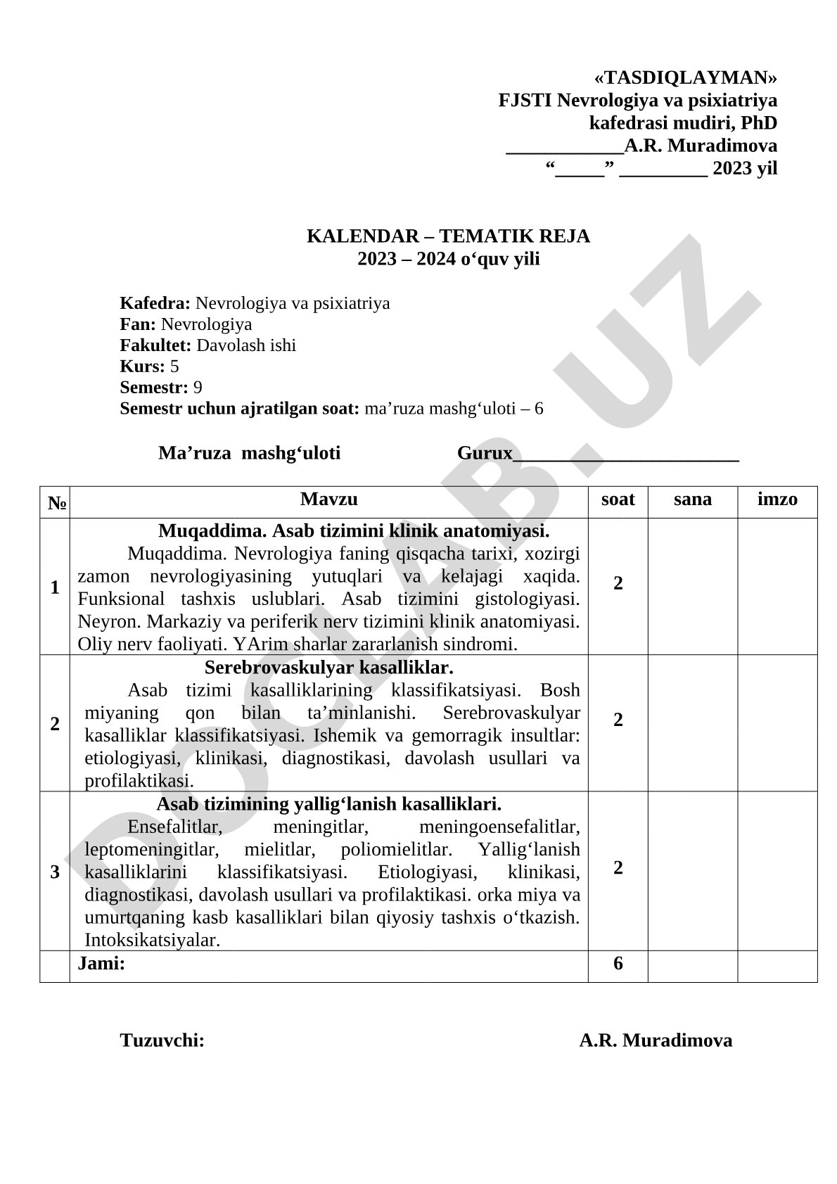 Nevrologiya fanidan kalendar-tematik reja