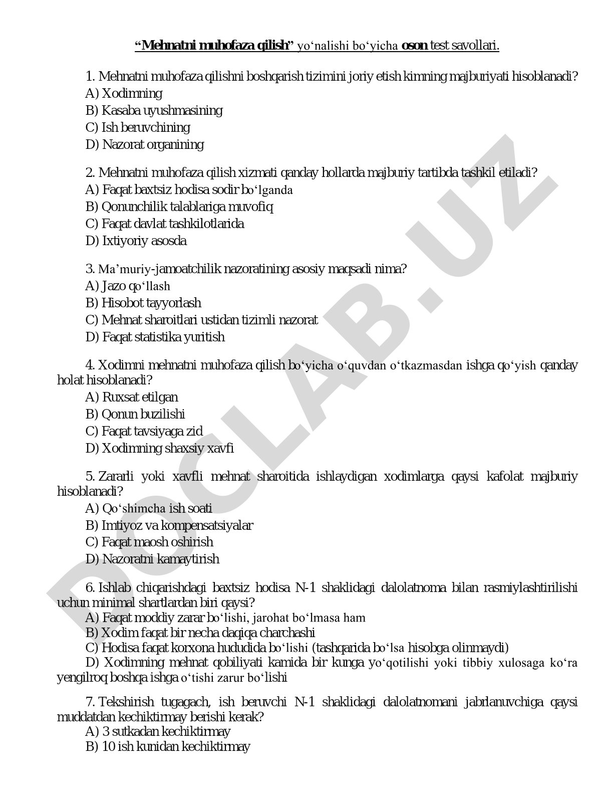 Mehnatni muhofaza qilish test savollari