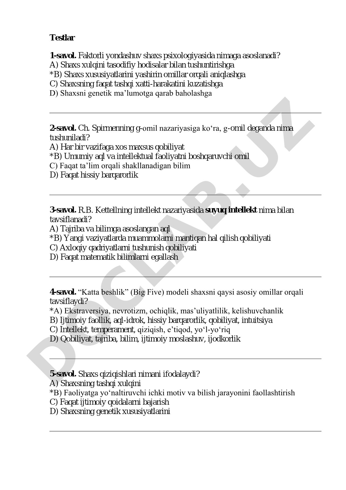 Shaxs psixologiyasi va intellekt nazariyalari bo'yicha testlar