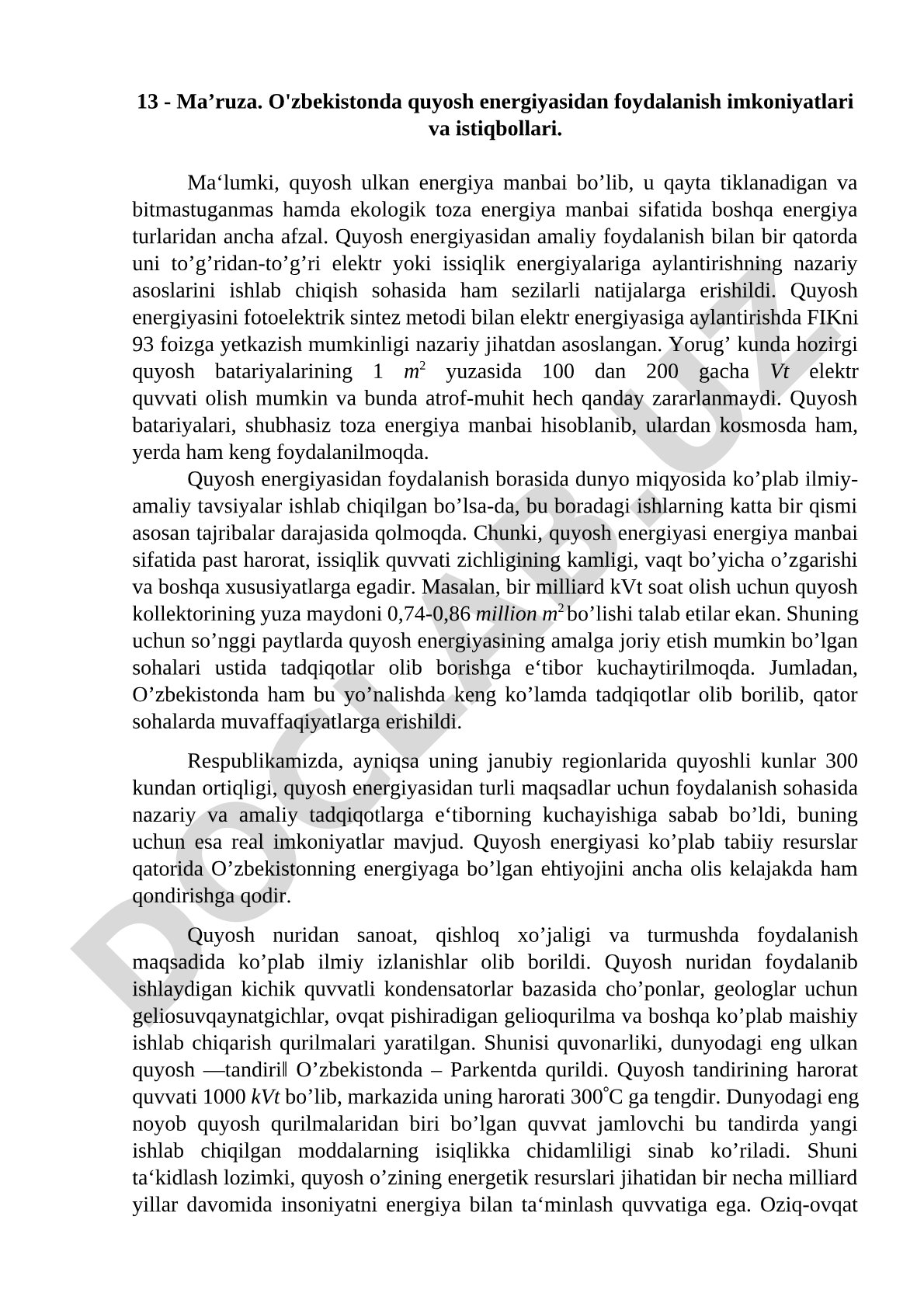 O'zbekistonda quyosh energiyasidan foydalanish imkoniyatlari va istiqbollari