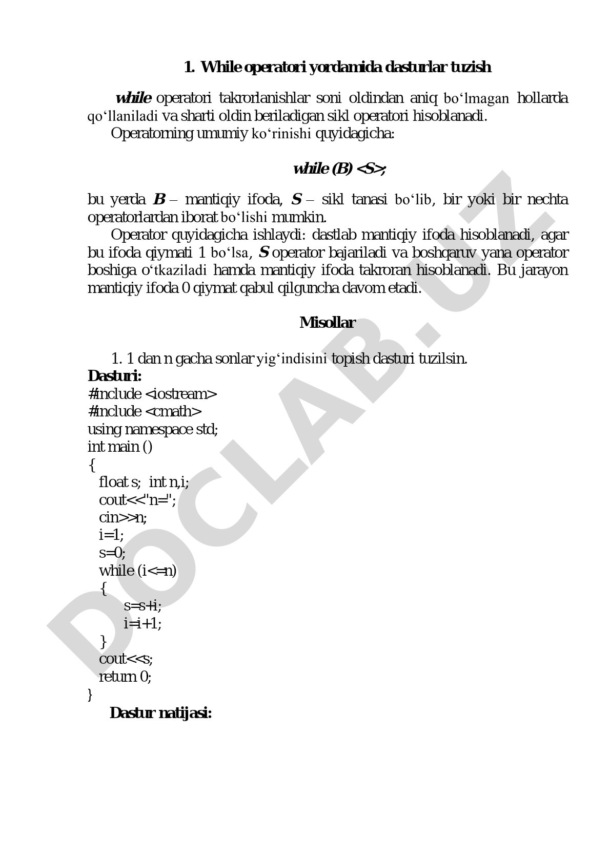 While operatori yordamida dasturlar tuzish