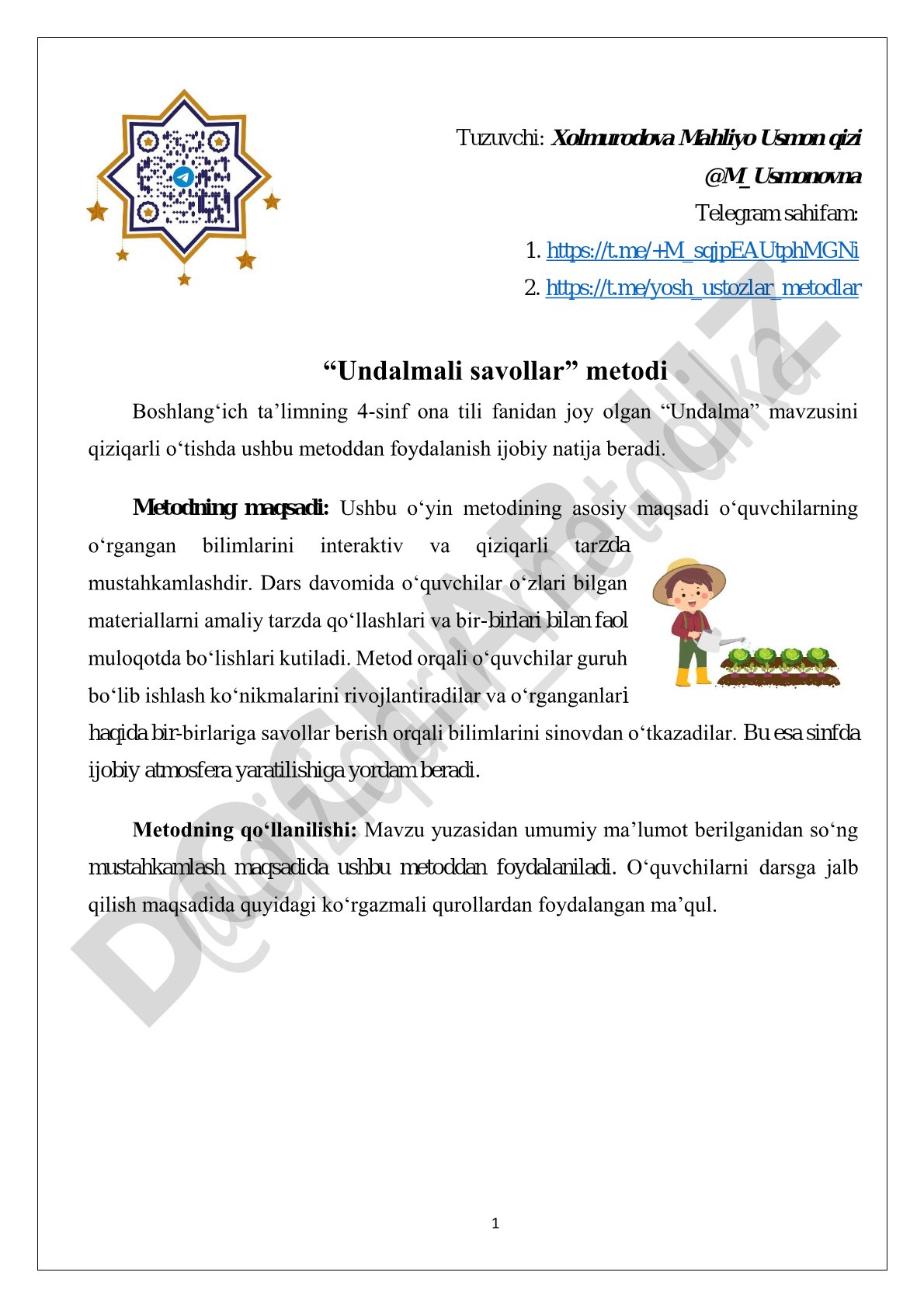 Undalma mavzusini o'tishda 'Undalmali savollar' metodi