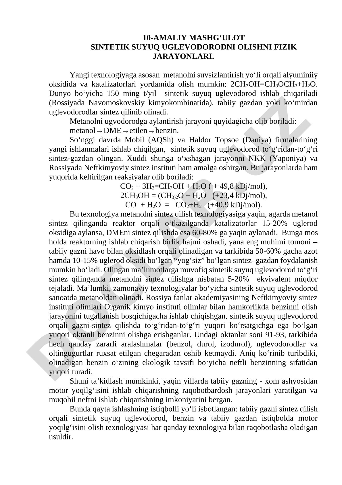 Sintetik suyuq uglevodorod olishning fizik jarayonlari