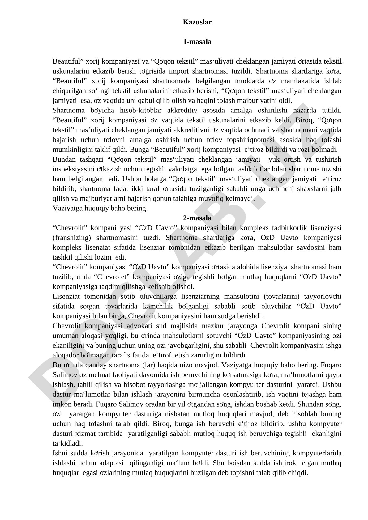 Tekstil uskunalari importi bo'yicha akkreditiv hisob-kitoblar kazusi