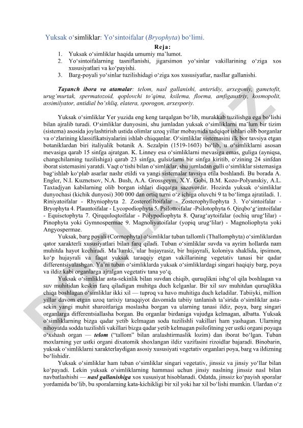 Yuksak o'simliklar va yo'sintoifalar bo'limi