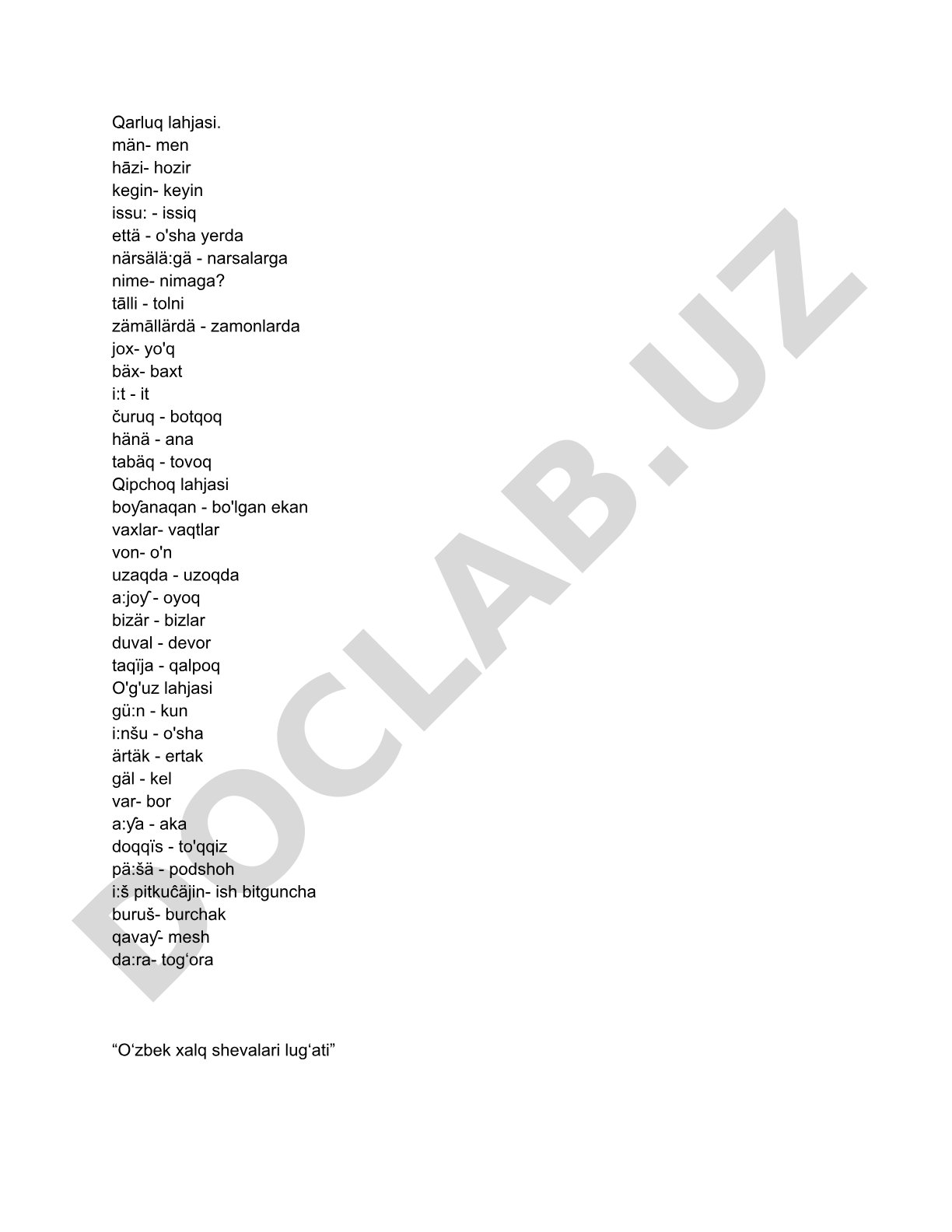 O'zbek xalq shevalari lug'atida Qarluq, Qipchoq va O'g'uz lahjalari misollari