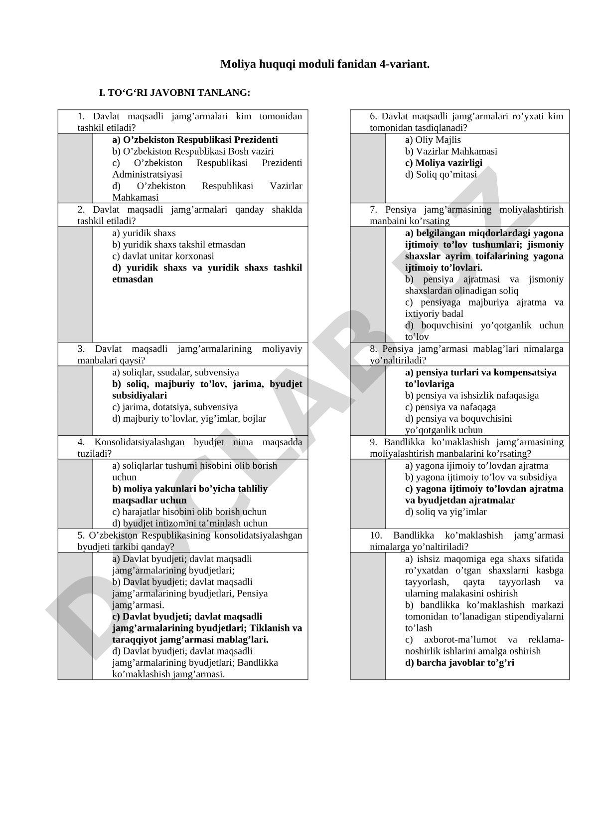 Moliya huquqi moduli fanidan 4-variant
