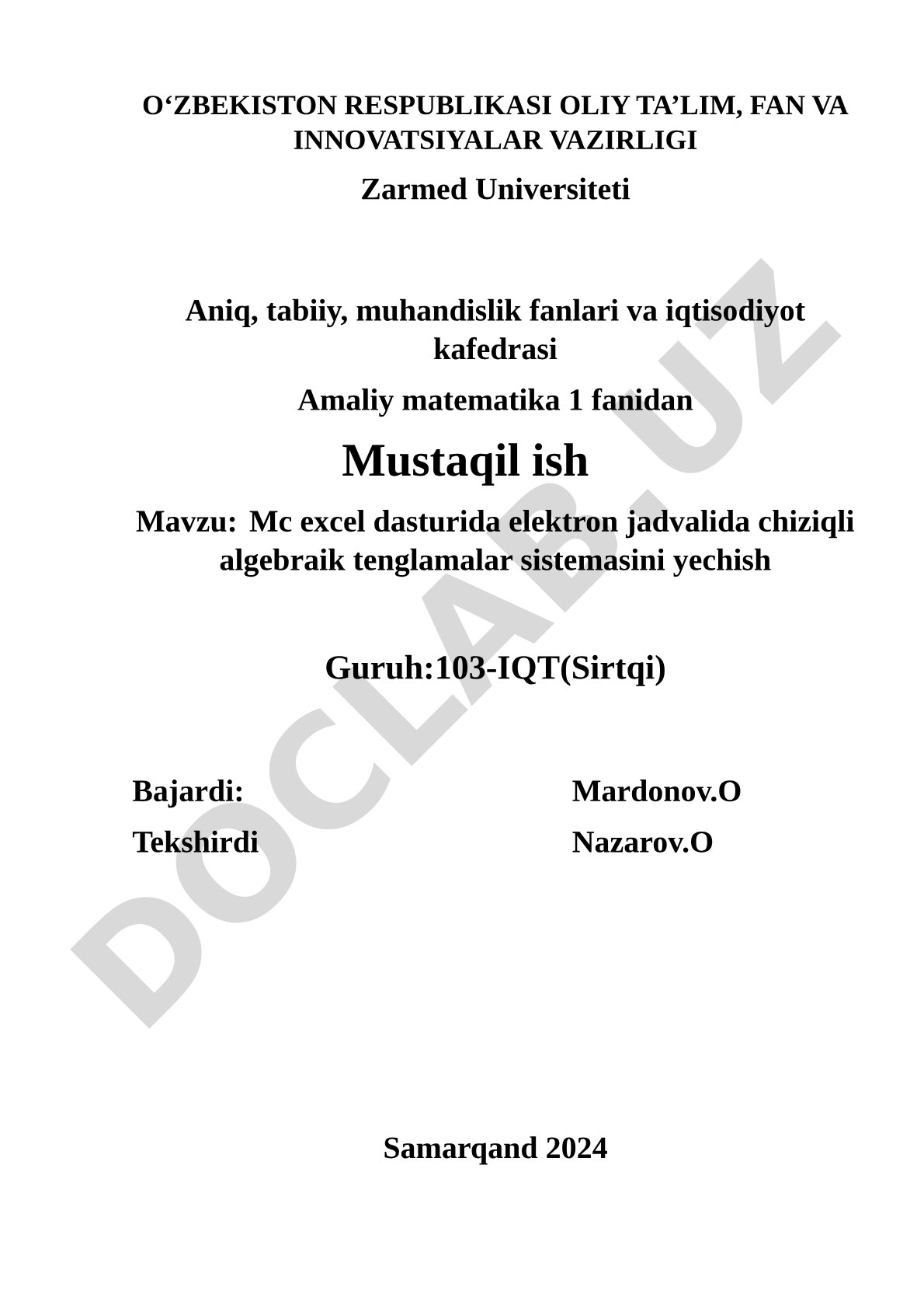 Mc excel dasturida elektron jadvalida chiziqli algebraik tenglamalar sistemasini yechish