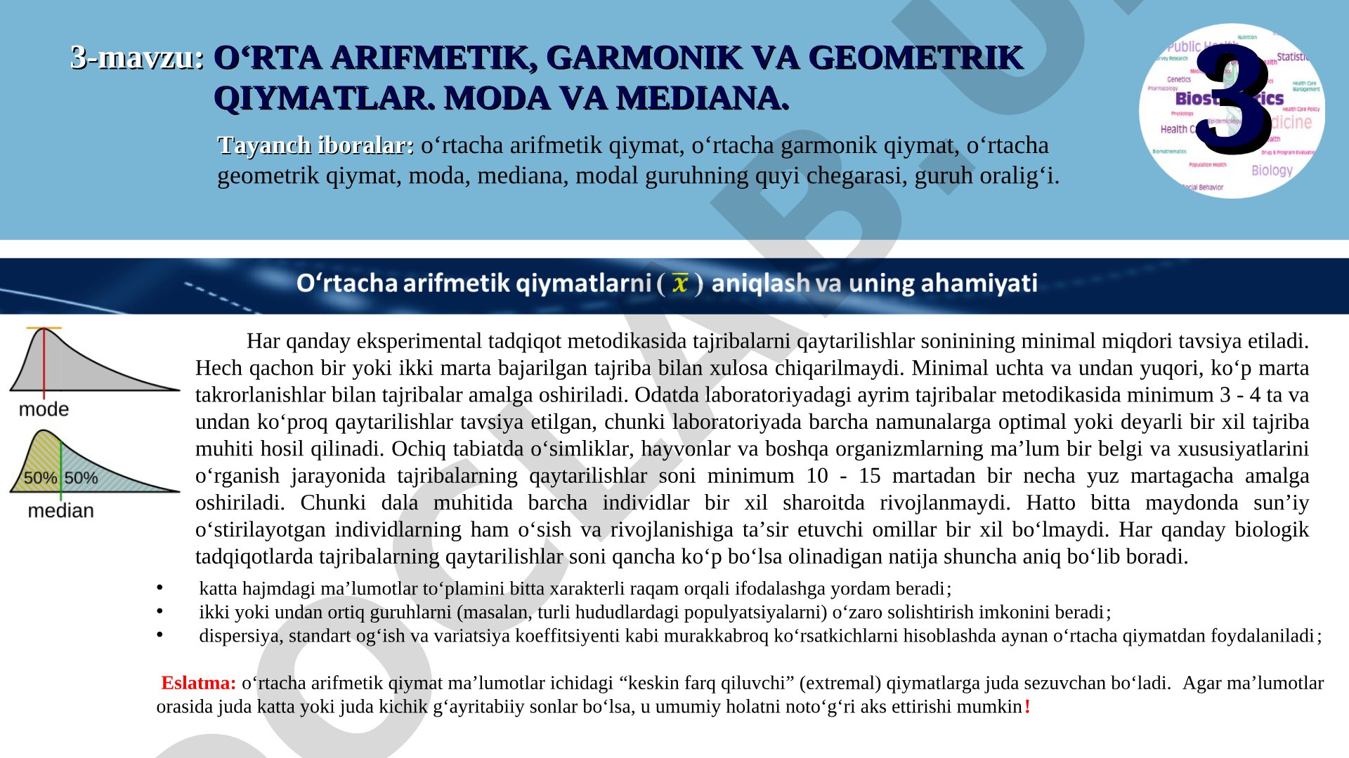 O‘RTA ARIFMETIK, GARMONIK VA GEOMETRIK QIYMATLAR. MODA VA MEDIANA