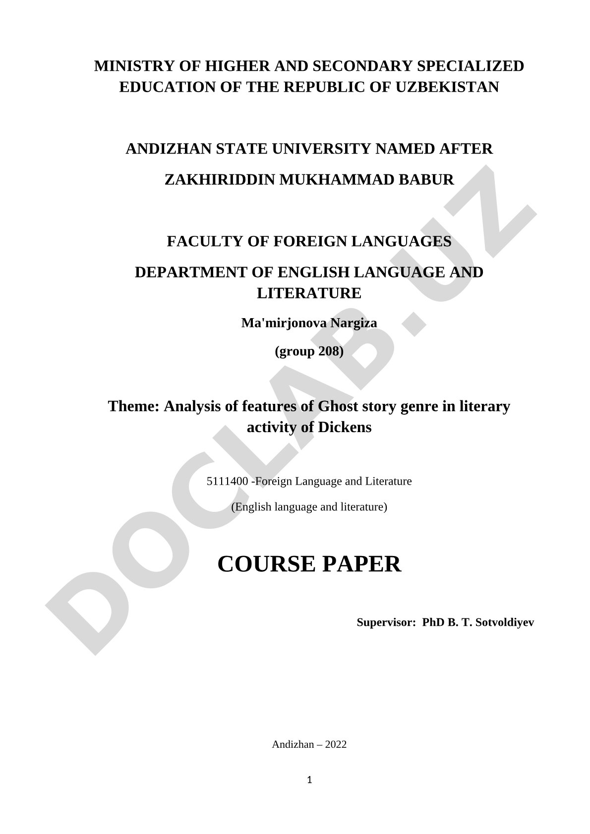 Analysis of features of Ghost story genre in literary activity of Dickens