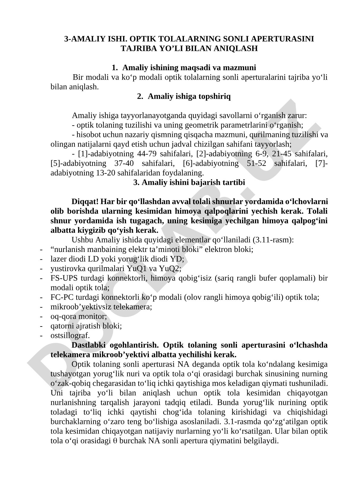 Optik tolalarning sonli aperturasini tajriba yo'li bilan aniqlash