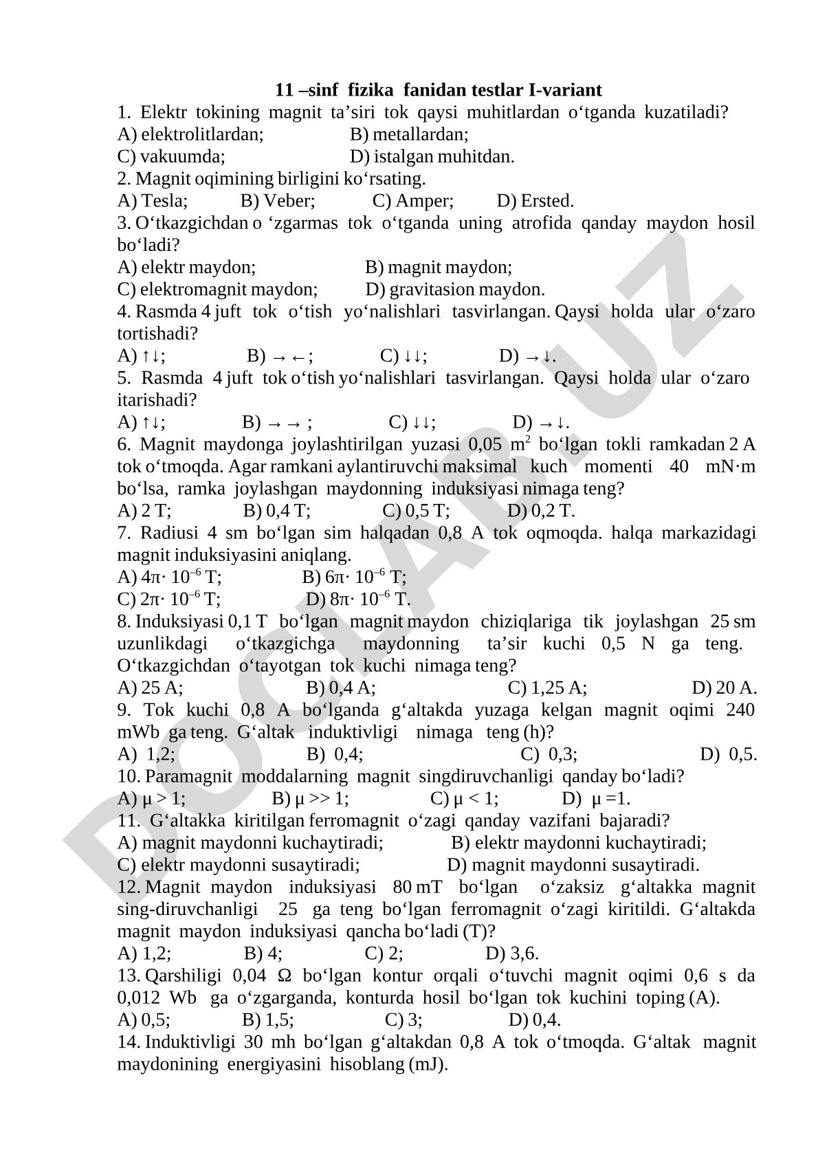 11-sinf fizika fanidan testlar I-variant
