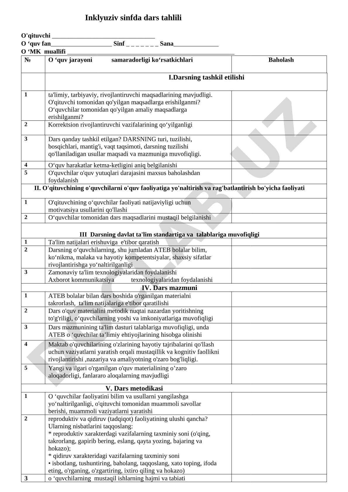 Inklyuziv sinfda dars tahlili