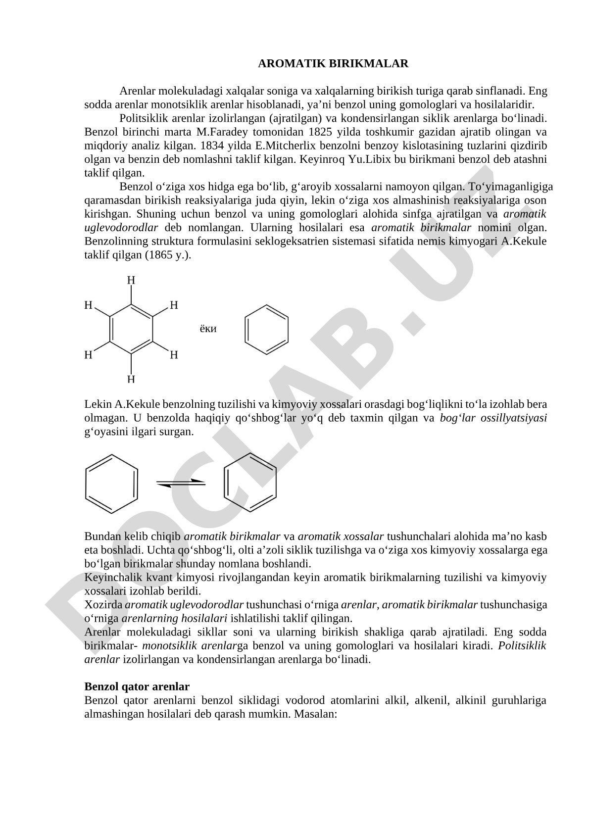 Aromatik birikmalar sinflanishi va benzol xossalari haqida ma'lumot
