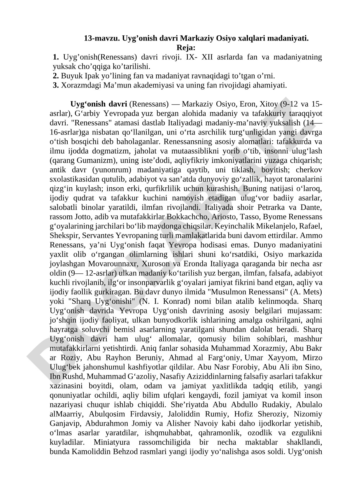 Uyg’onish davri Markaziy Osiyo xalqlari madaniyati