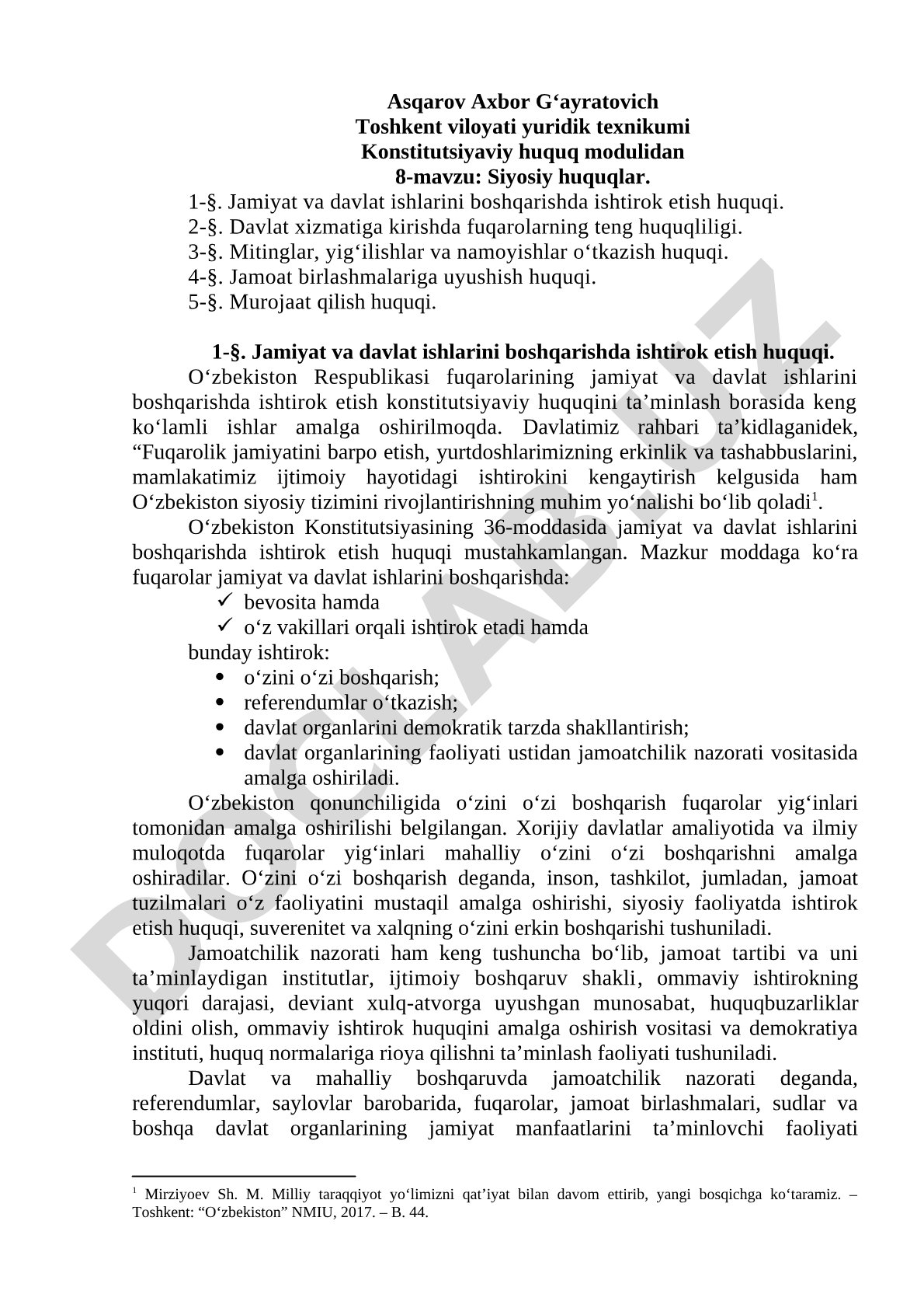 O'zbekiston Respublikasi fuqarolarining siyosiy huquqlari, jamiyat va davlat ishlarini