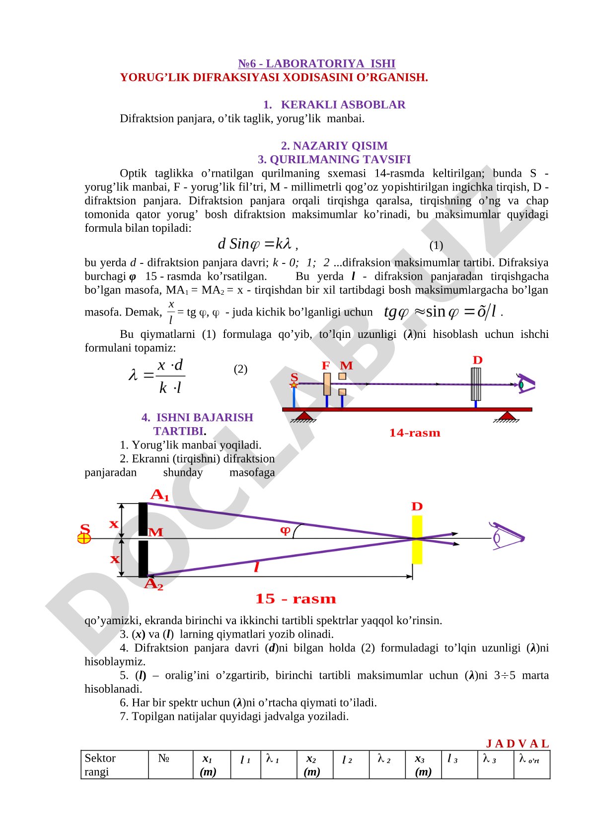 №6 - Laboratoriya ishi yorug’lik difraksiyasi xodisasini o’rganish