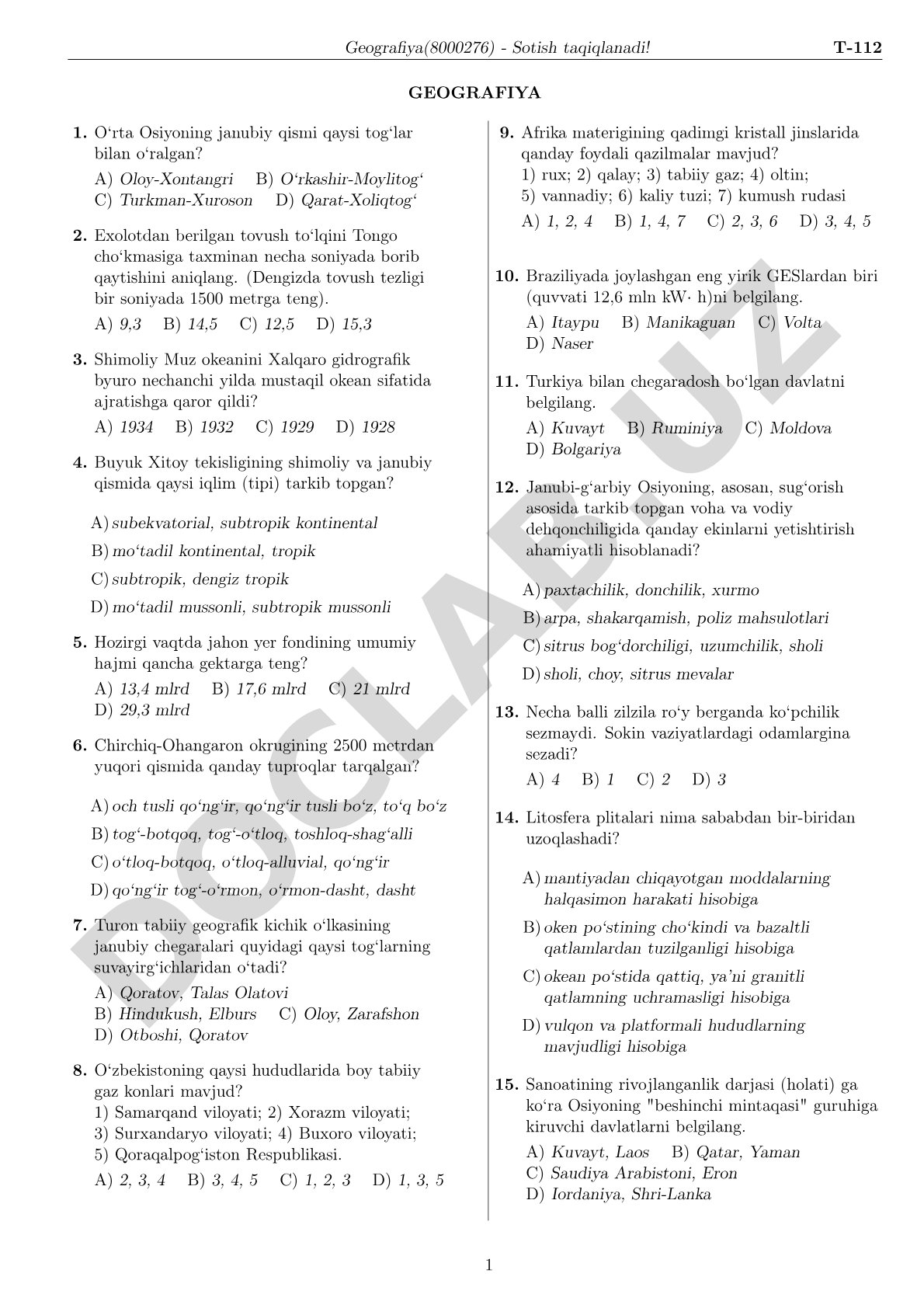Geografiya test savollari