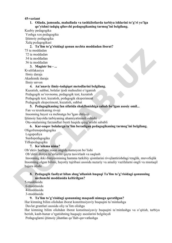 Pedagogika fanining tarmoqlari va ta'lim qonunchiligi test savollari