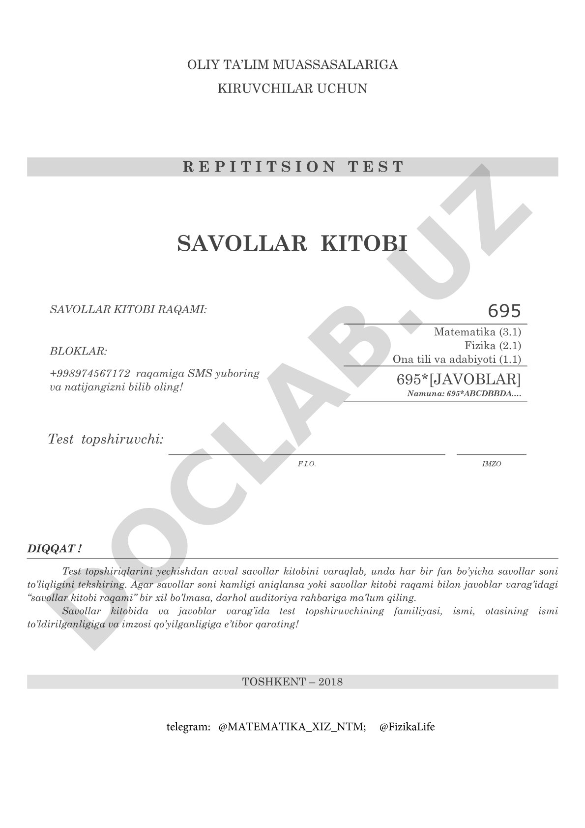 Oliy ta’lim muassasalariga kiruvchilar uchun repititsion test savollar kitobi
