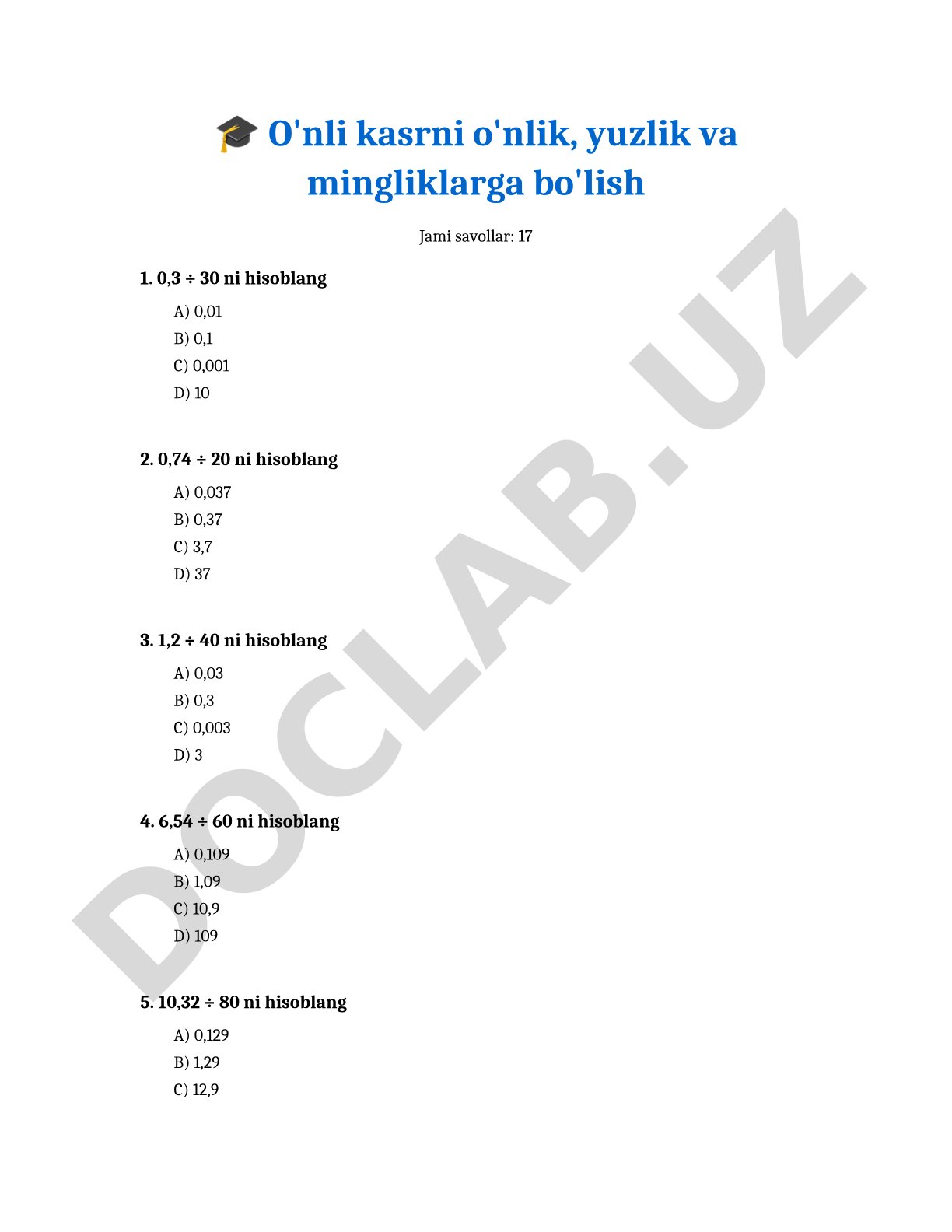 O'nli kasrni o'nlik, yuzlik va mingliklarga bo'lish