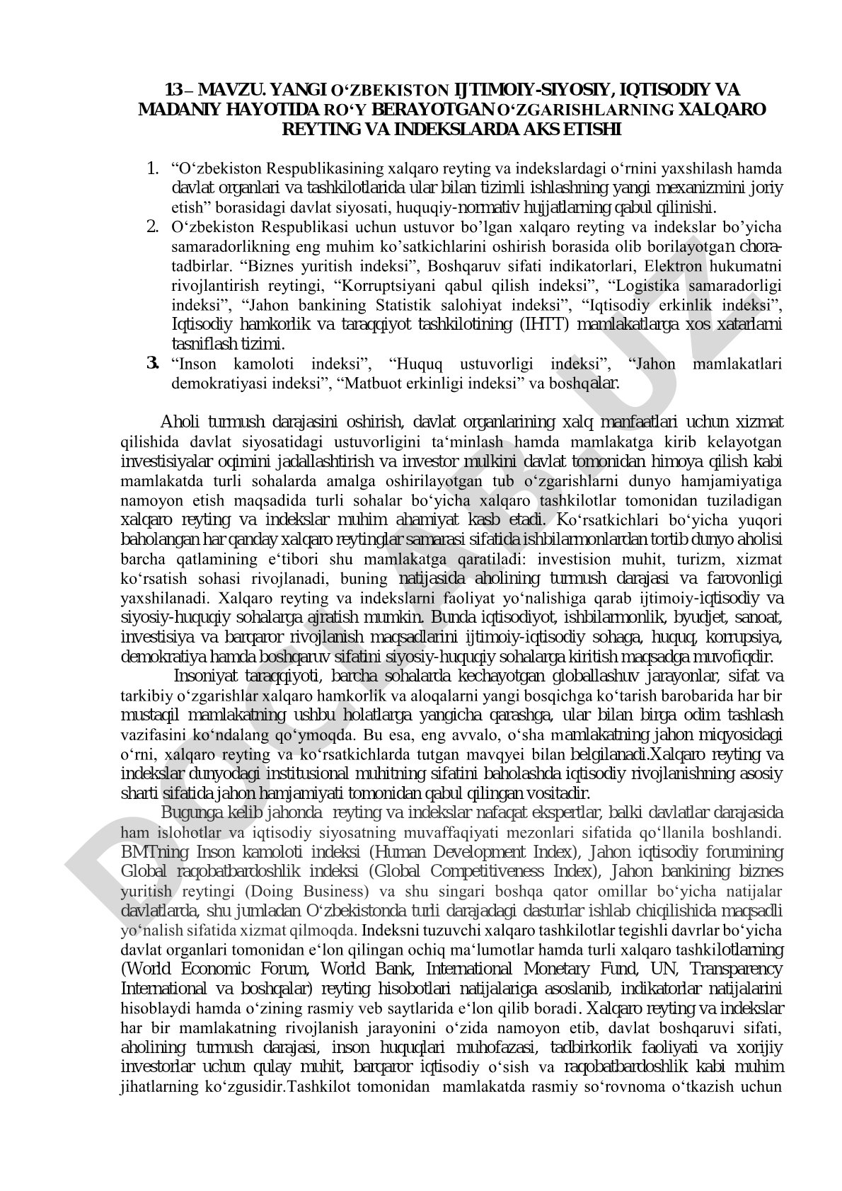 Yangi O‘zbekiston ijtimoiy-siyosiy, iqtisodiy va madaniy hayotida ro‘y berayotgan o‘zgarishlarning xalqaro reyting va indekslarda aks etishi