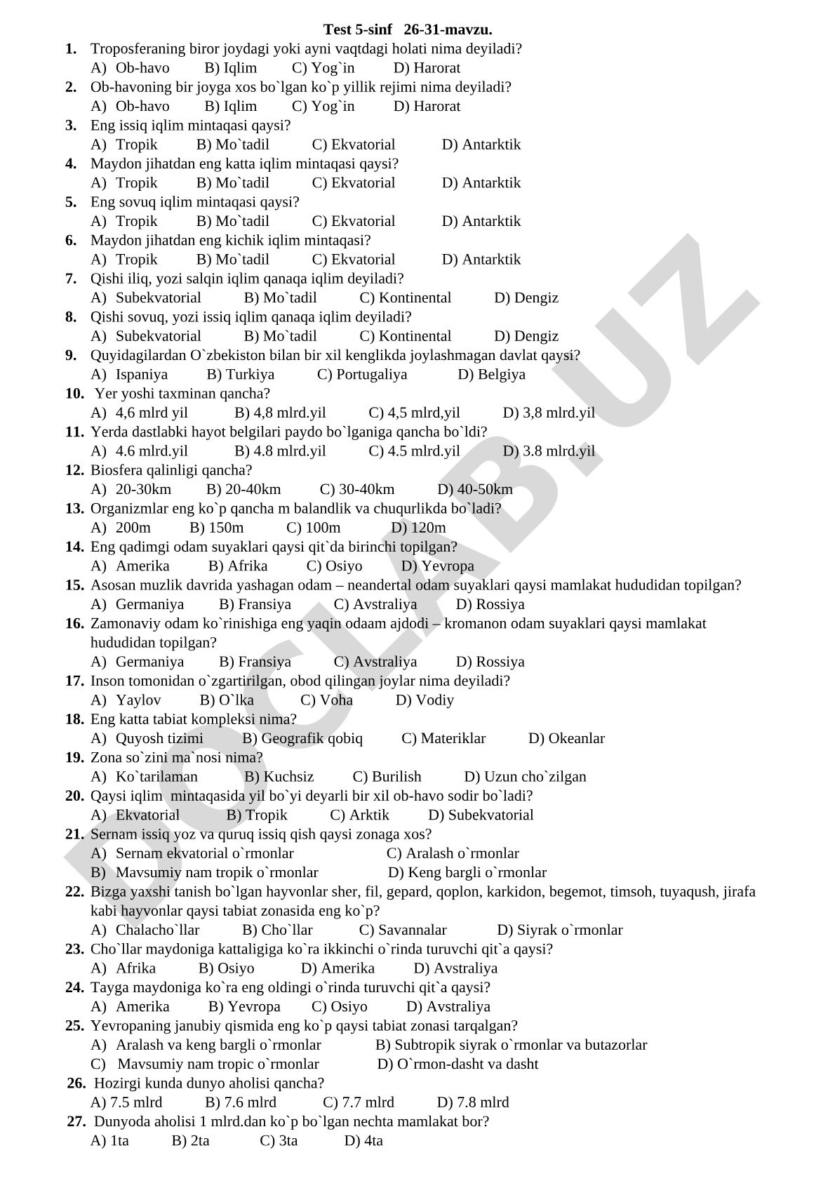 5-sinf geografiya: ob-havo, iqlim va biosfera test savollari