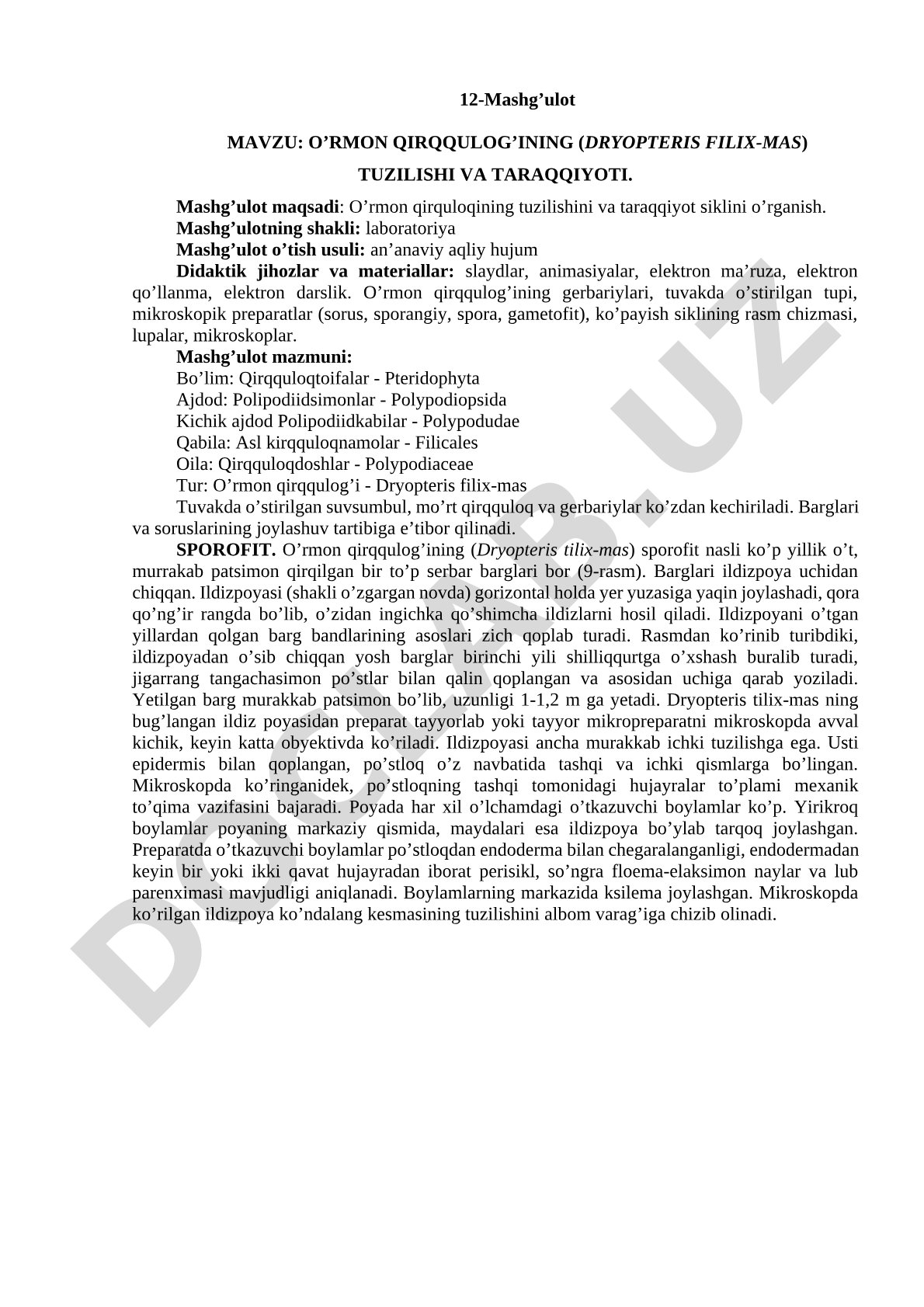 O’RMON QIRQQULOG’INING (DRYOPTERIS FILIX-MAS) TUZILISHI VA TARAQQIYOTI