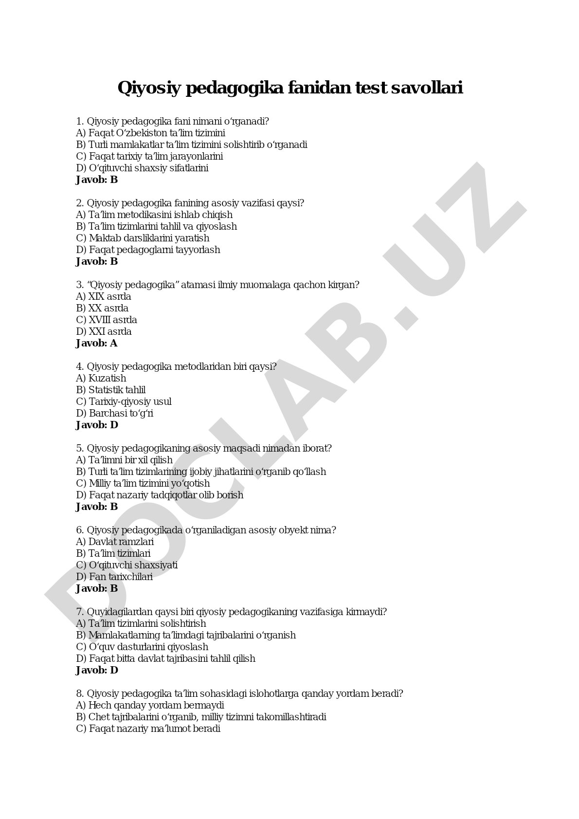 Qiyosiy pedagogika fanidan test savollari