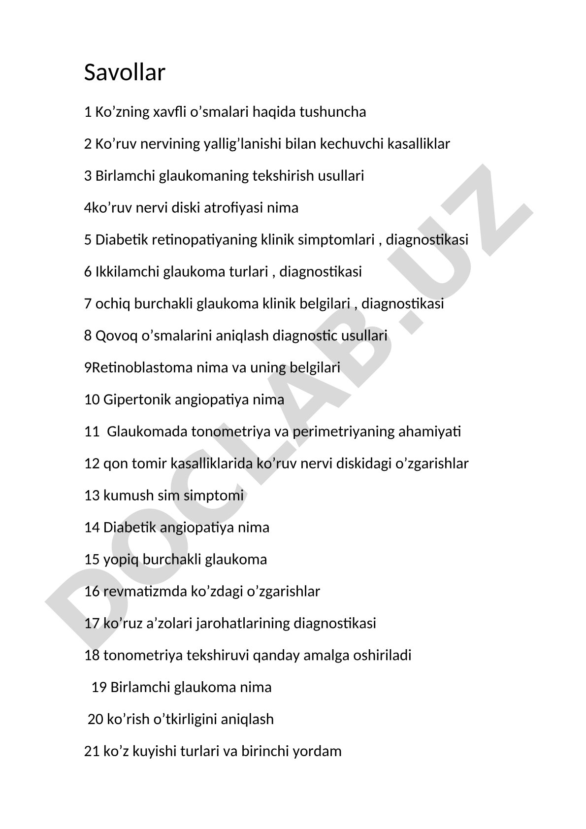 Ko'z kasalliklari bo'yicha savollar