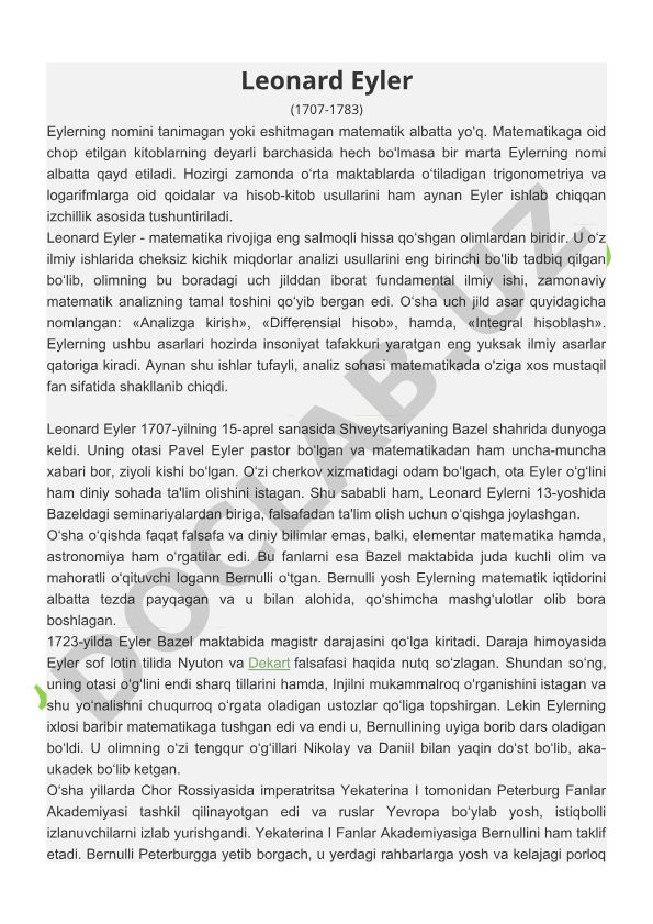 Leonard Eylerning matematikaga qo'shgan hissasi