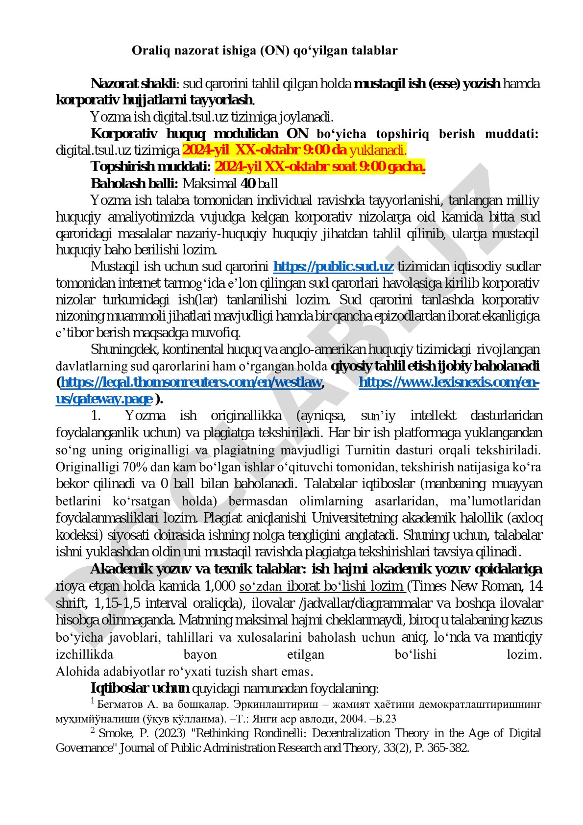 Oraliq nazorat ishiga (ON) qoʻyilgan talablar