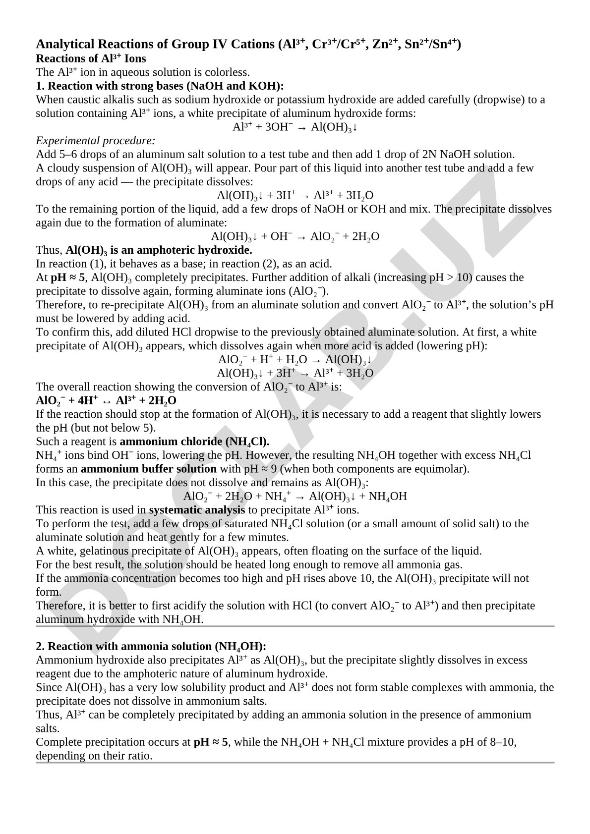 Analytical Reactions of Group IV Cations Al³⁺, Cr³⁺, Zn²⁺, Sn²⁺