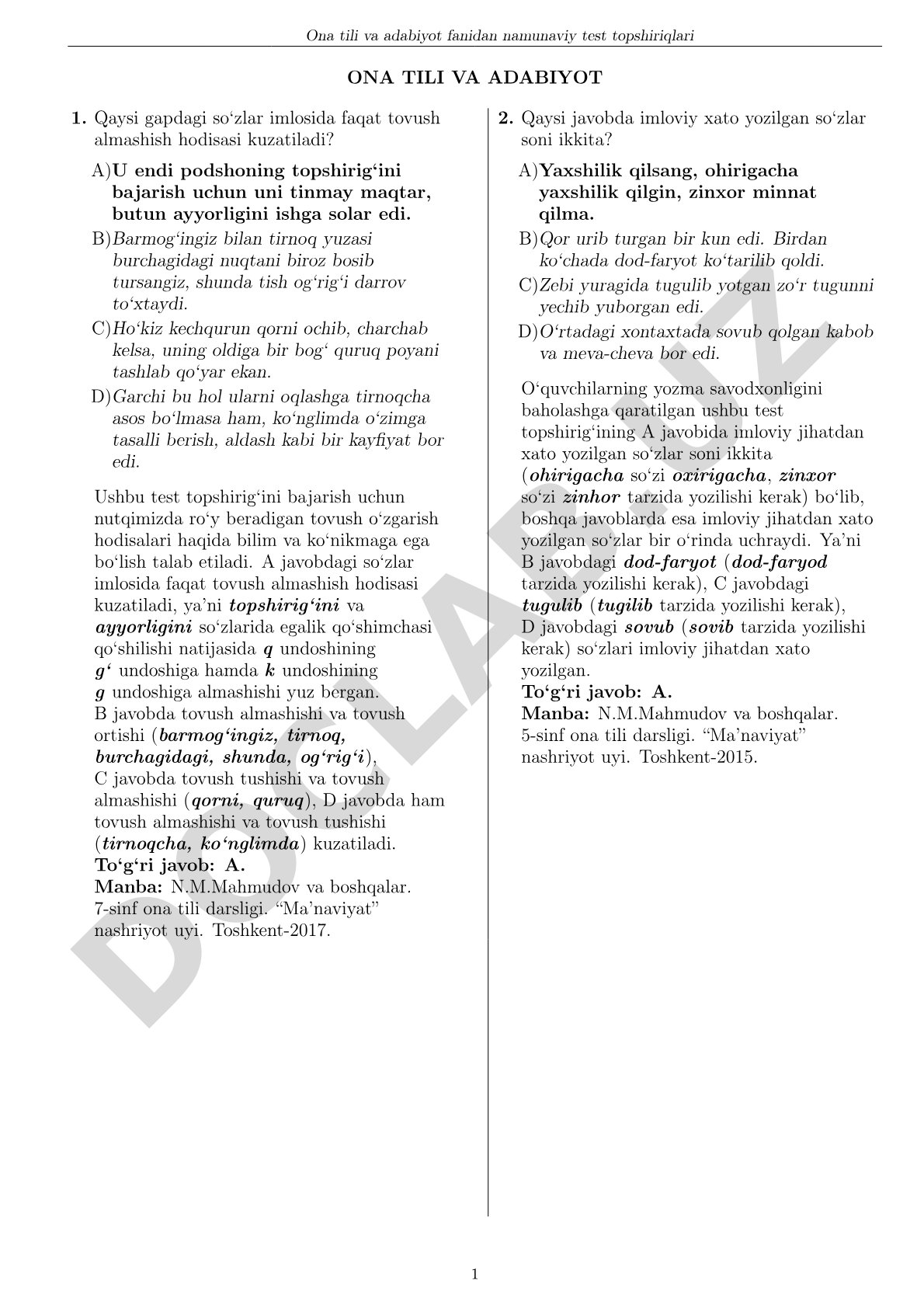 Ona tili va adabiyot fanidan namunaviy test topshiriqlari