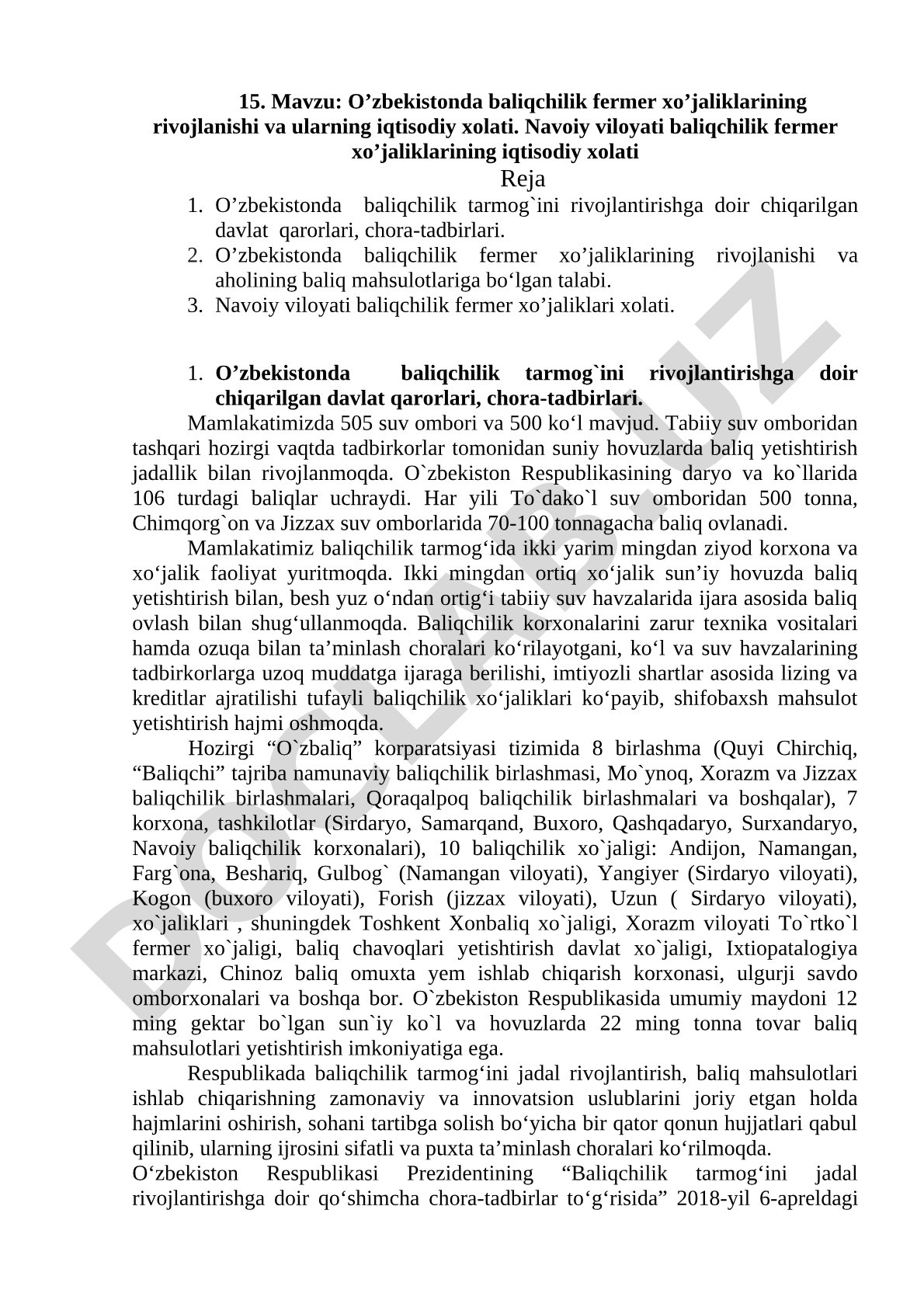 O’zbekistonda baliqchilik fermer xo’jaliklarining rivojlanishi va ularning iqtisodiy xolati. Navoiy viloyati baliqchilik fermer xo’jaliklarining iqtisodiy xolati