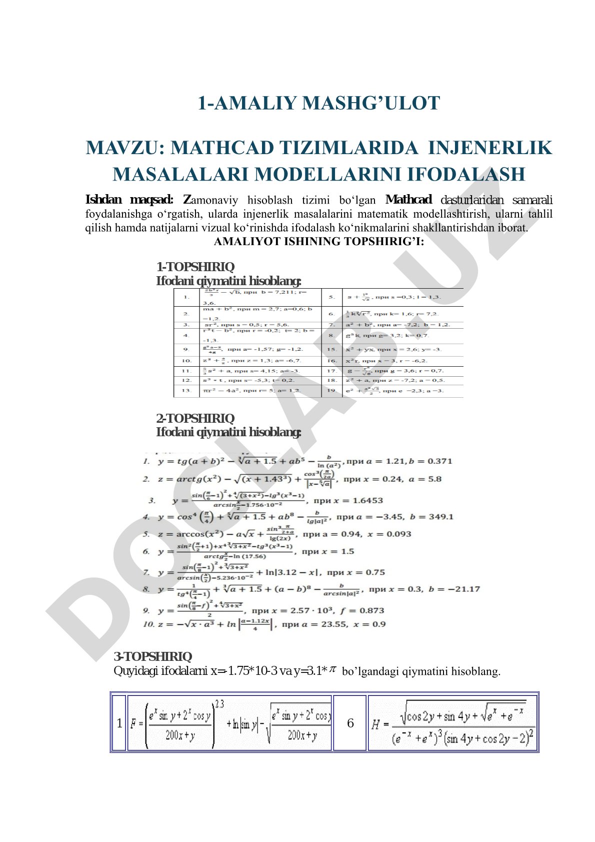 Mathcad tizimlarida injenerlik masalalari modellarini ifodalash