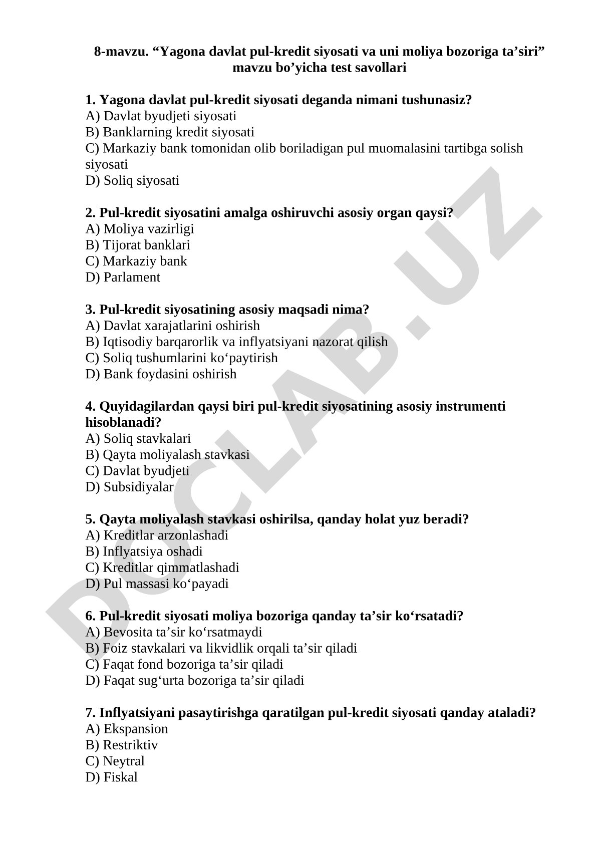 Yagona davlat pul-kredit siyosati va uni moliya bozoriga ta’siri