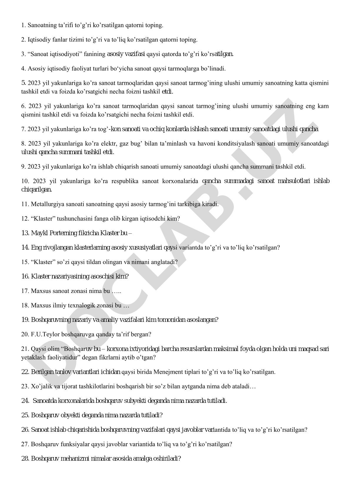 Sanoat iqtisodiyoti fanidan test savollari