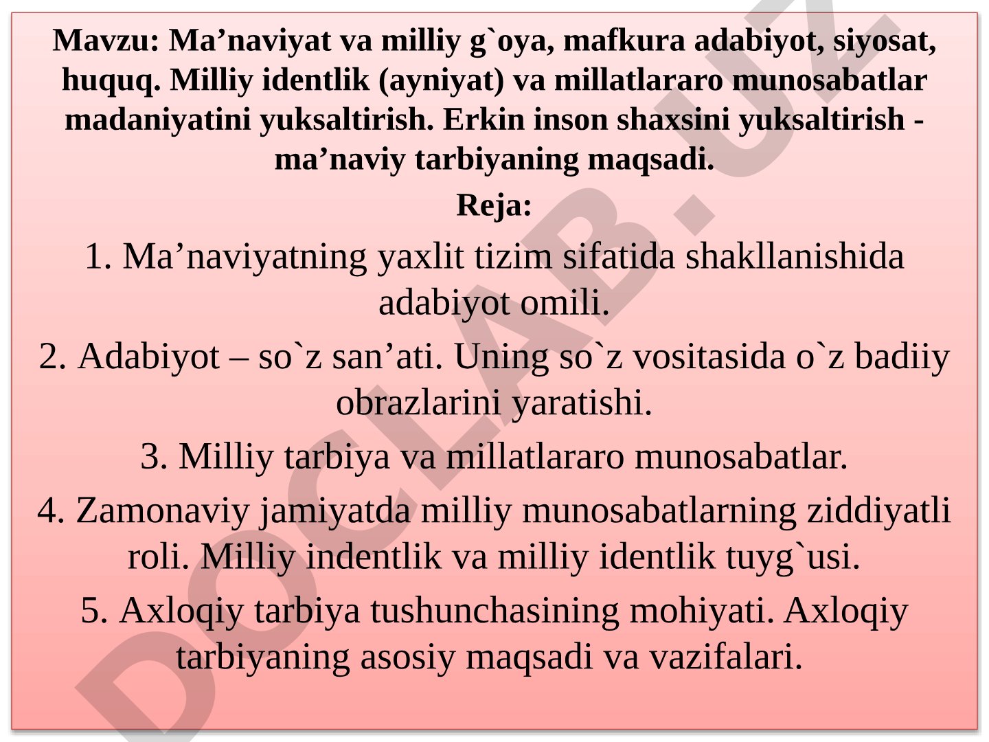Ma’naviyat va milliy g‘oya, mafkura adabiyot, siyosat, huquq