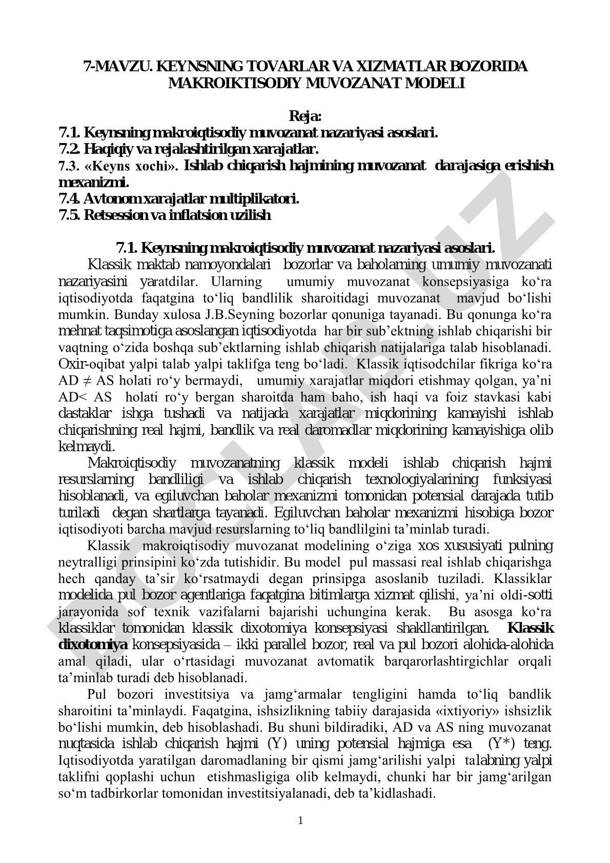 Keynsning makroiqtisodiy muvozanat nazariyasi asoslari