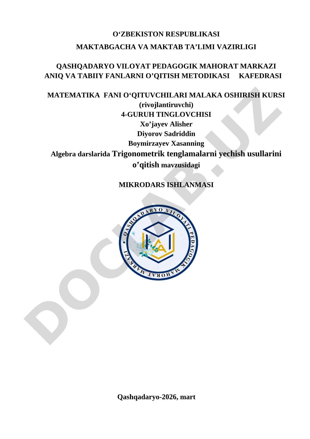 Algebra darslarida trigonometrik tenglamalarni yechish usullarini o‘qitish