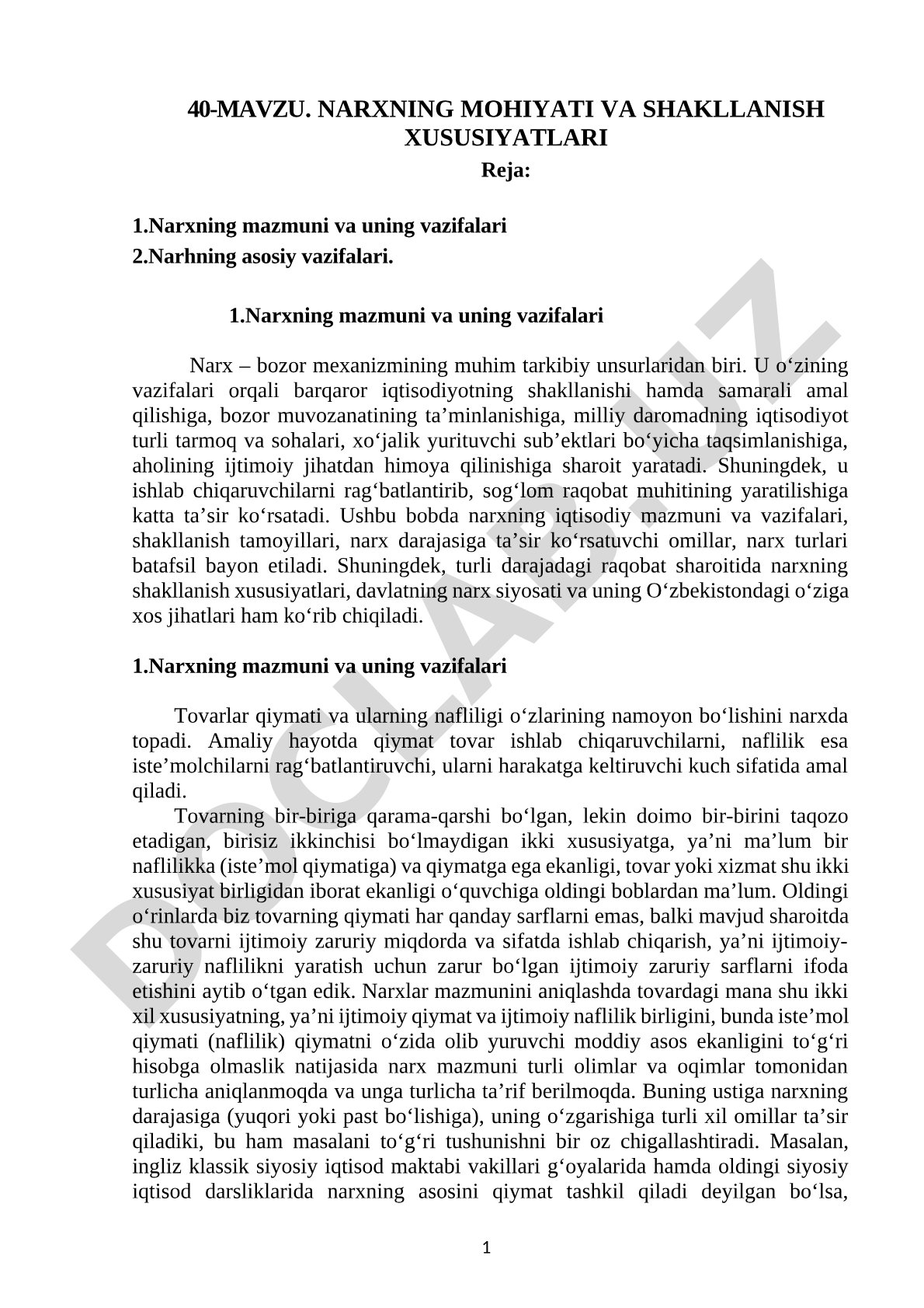 Narxning mohiyati va shakllanish xususiyatlari