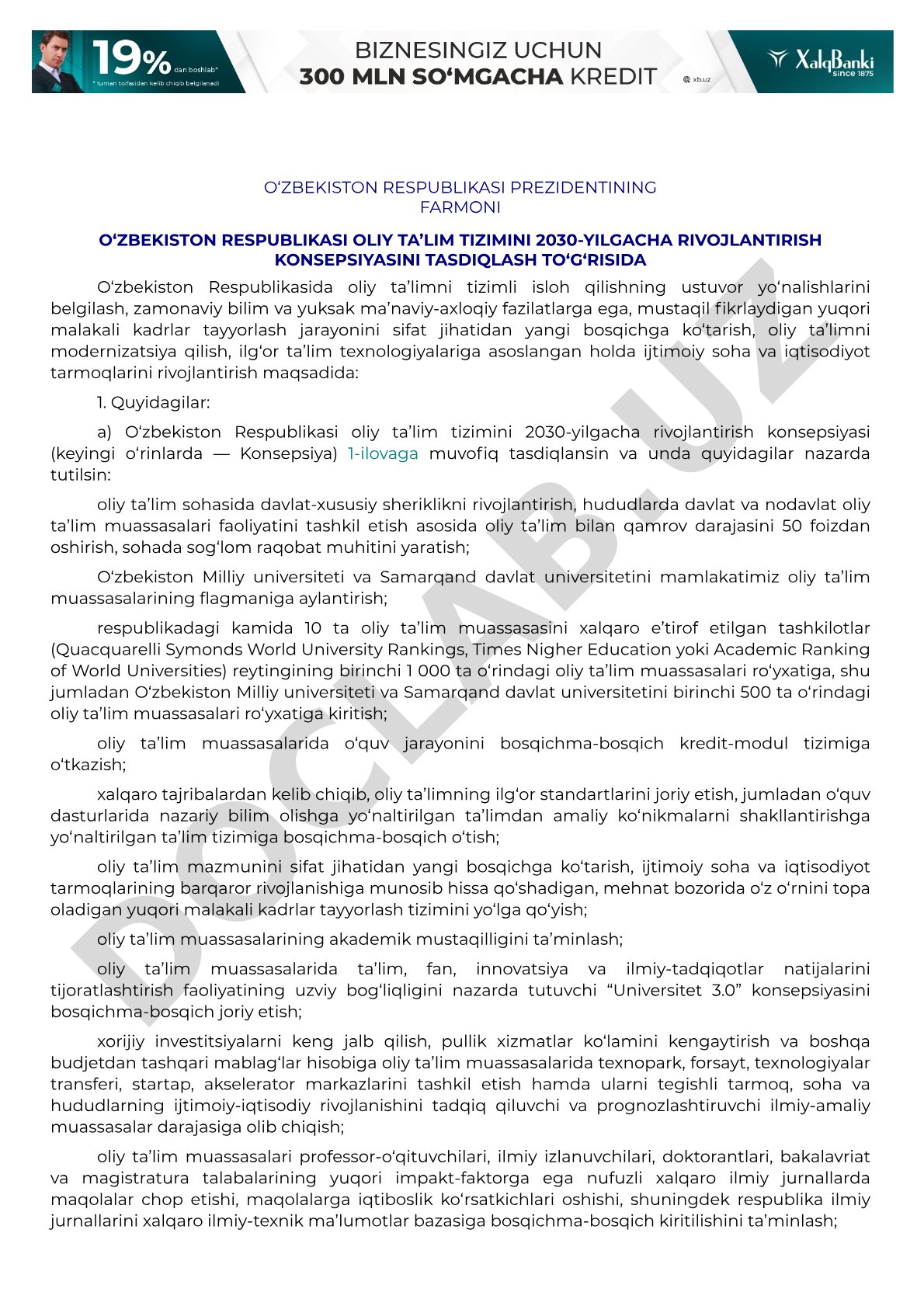 O‘zbekiston Respublikasi oliy ta’lim tizimini 2030-yilgacha rivojlantirish konsepsiyasini tasdiqlash to‘g‘risida
