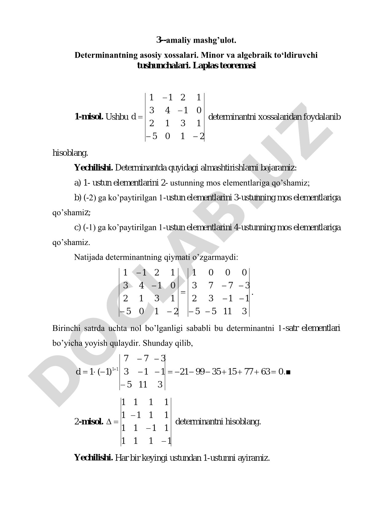 Determinantning asosiy xossalari. Minor va algebraik to‘ldiruvchi tushunchalari. Laplas teoremasi