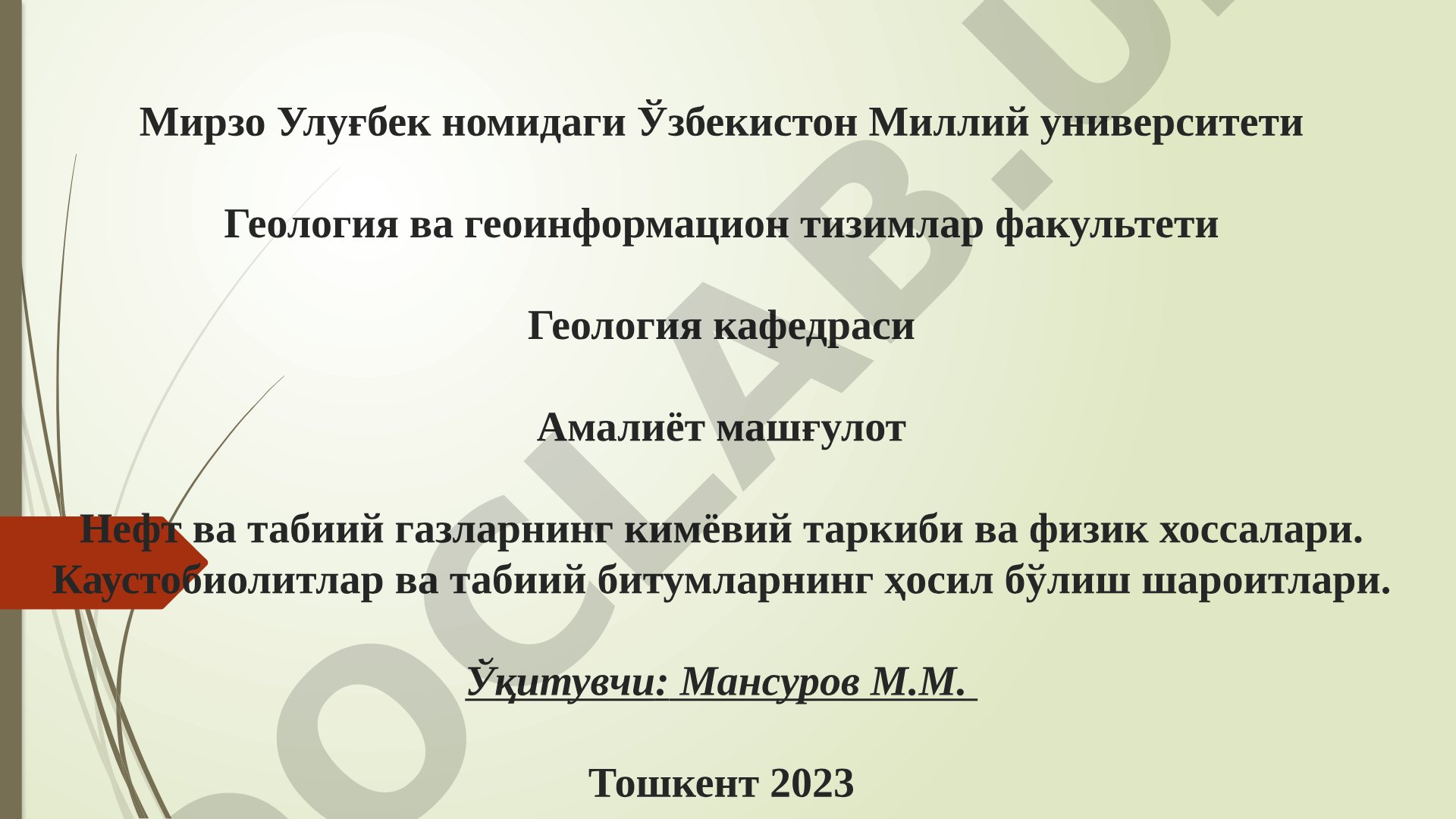 Нефт ва табиий газларнинг кимёвий таркиби ва физик хоссалари. Каустобиолитлар ва табиий битумларнинг ҳосил бўлиш шароитлари.