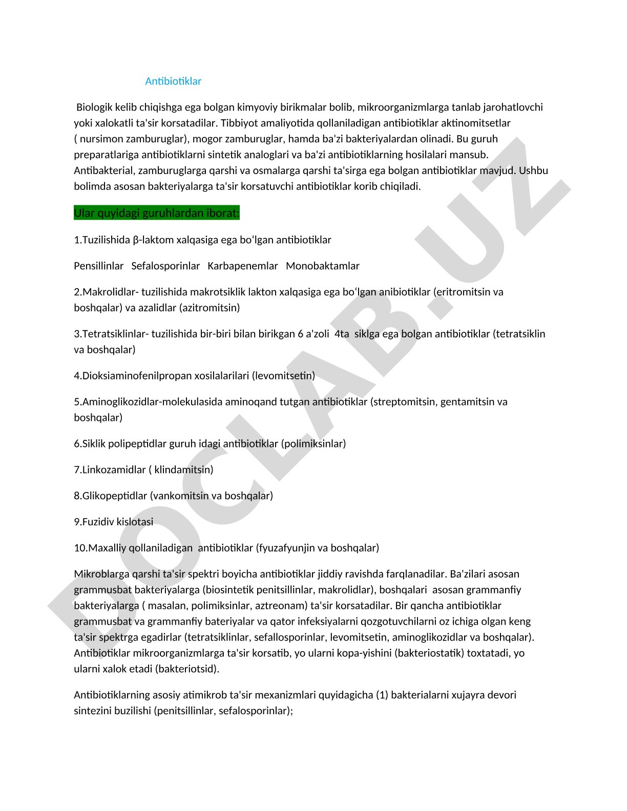 Antibiotiklar tasnifi va ta'siri
